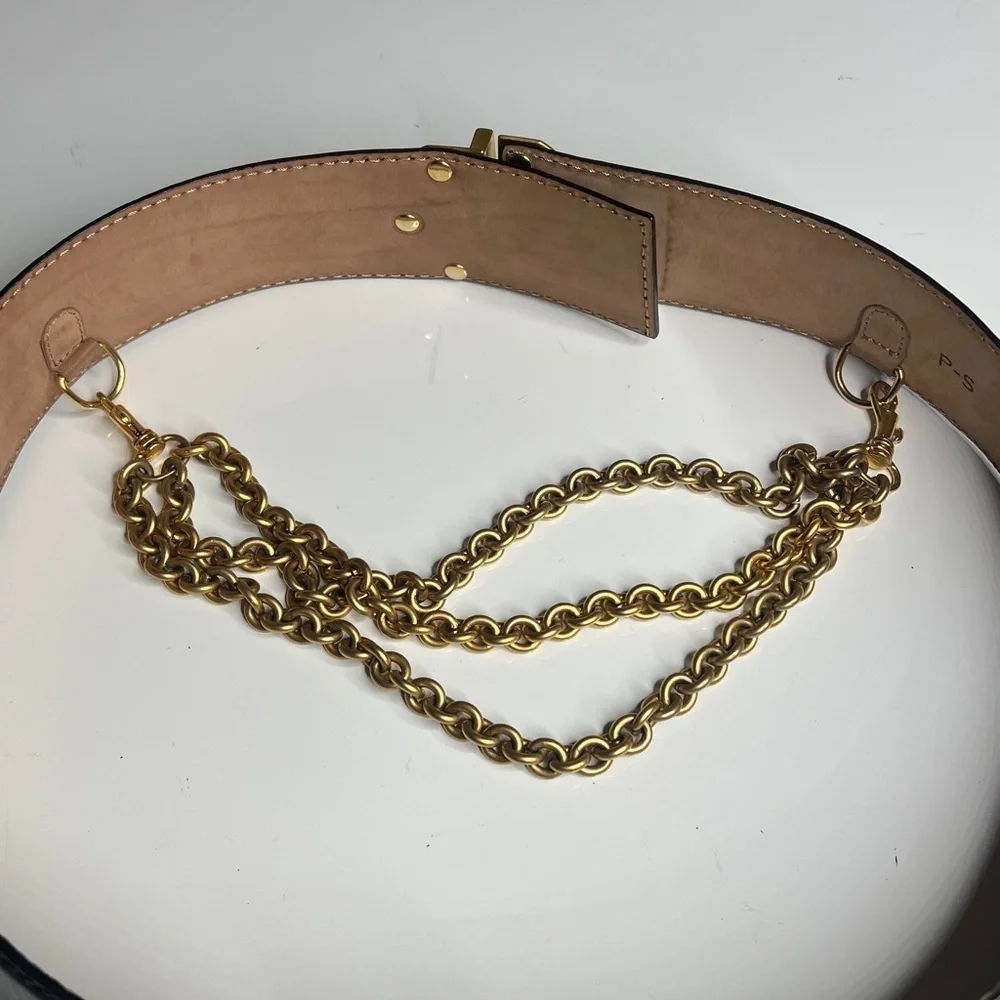 Donna Karan New York 1990’s Black & Gold 34” Adjustable Waist Belt w Chain